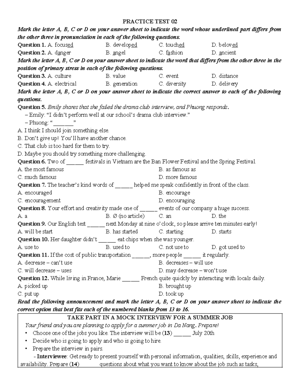 PRACTICE TEST 02 HN2526: Pronunciation & Grammar Questions - Studocu