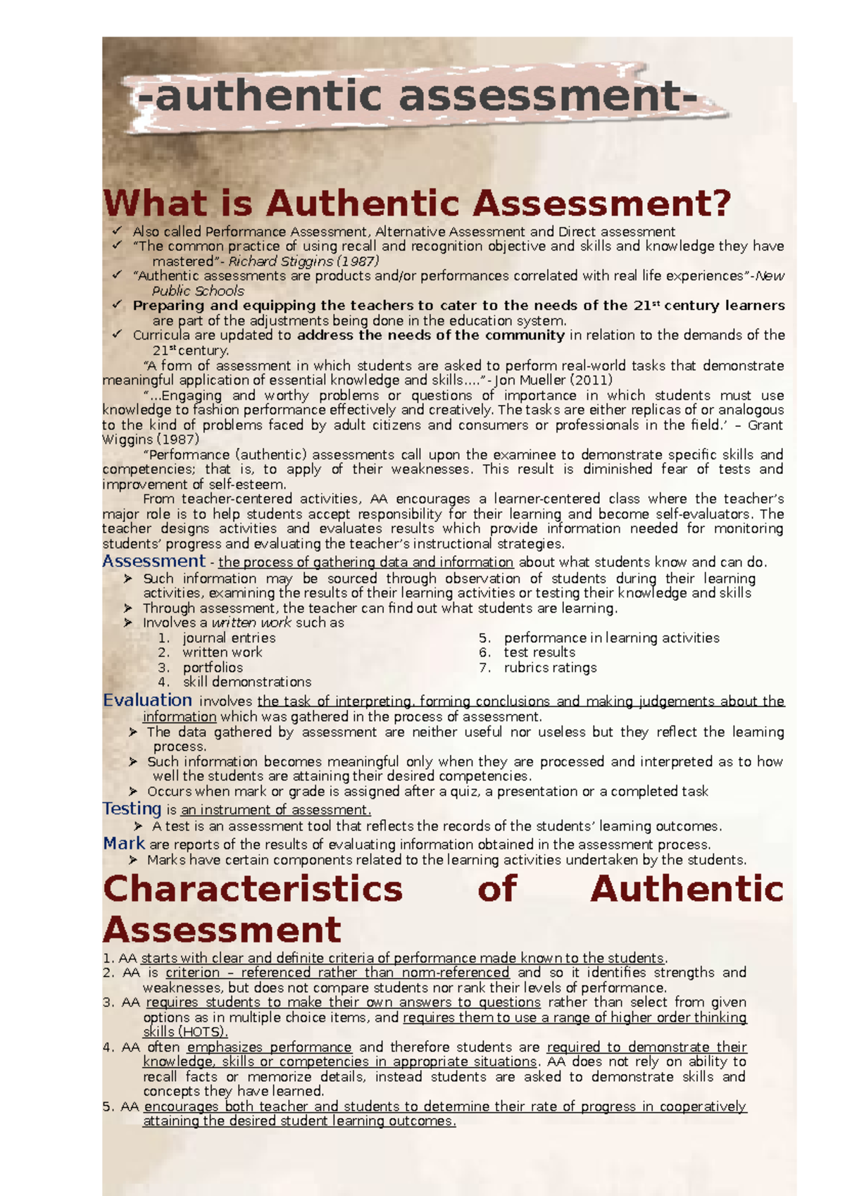 Understanding Authentic Assessment: Concepts & Practices - Studocu