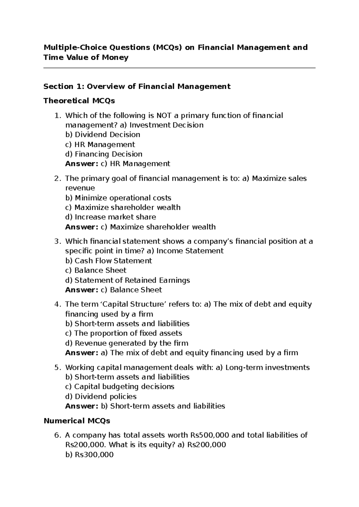 MCQ Questions on Financial Management & Time Value of Money (FM 101 ...