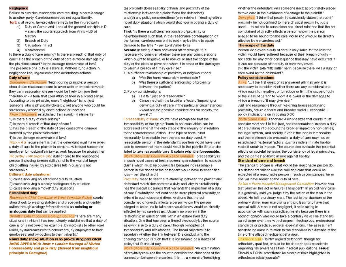 Torts Exam Notes: Understanding Negligence and Duty of Care - Studocu