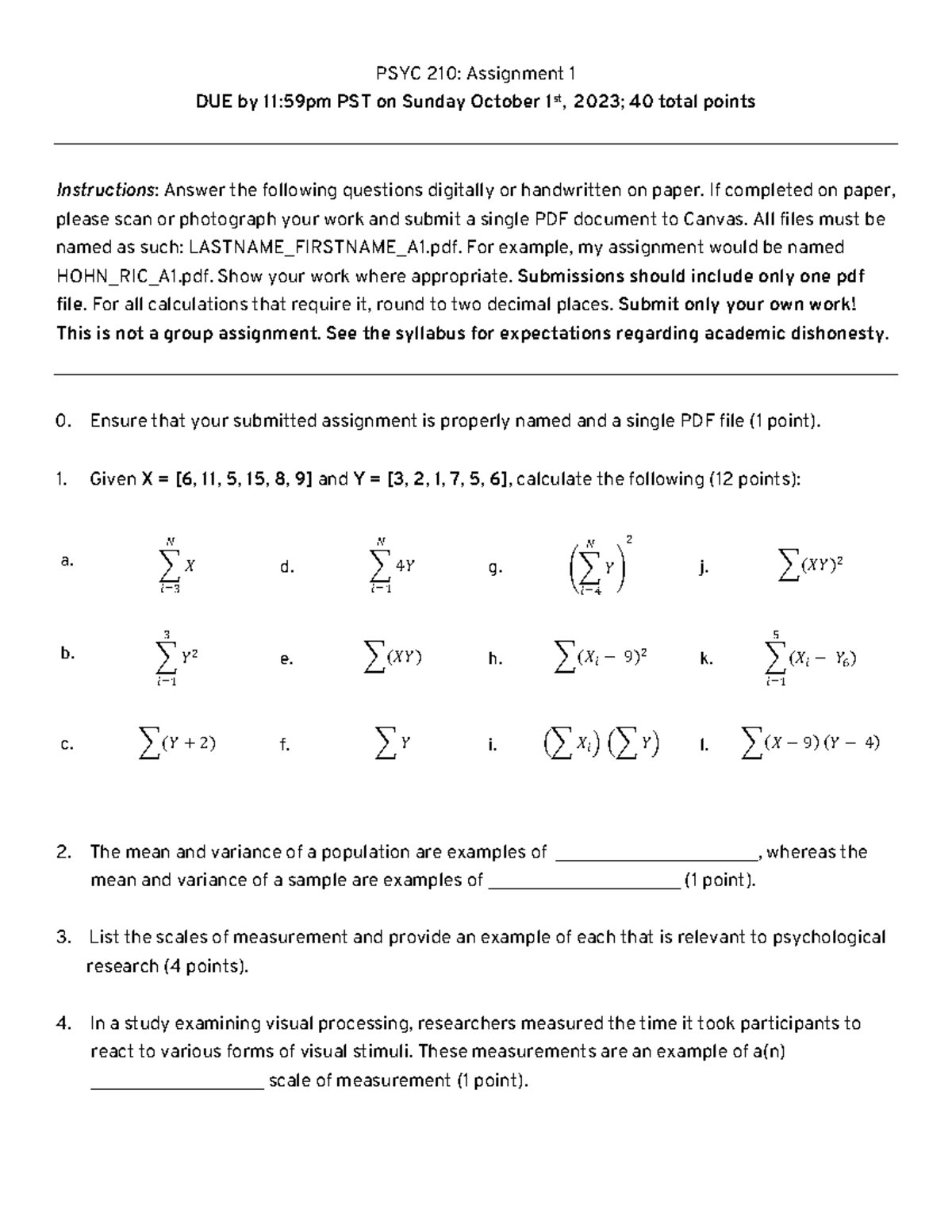 PSYC210 Assignment 1 f2023 - PSYC 2 10: Assignment 1 DUE by 11:59pm PST ...