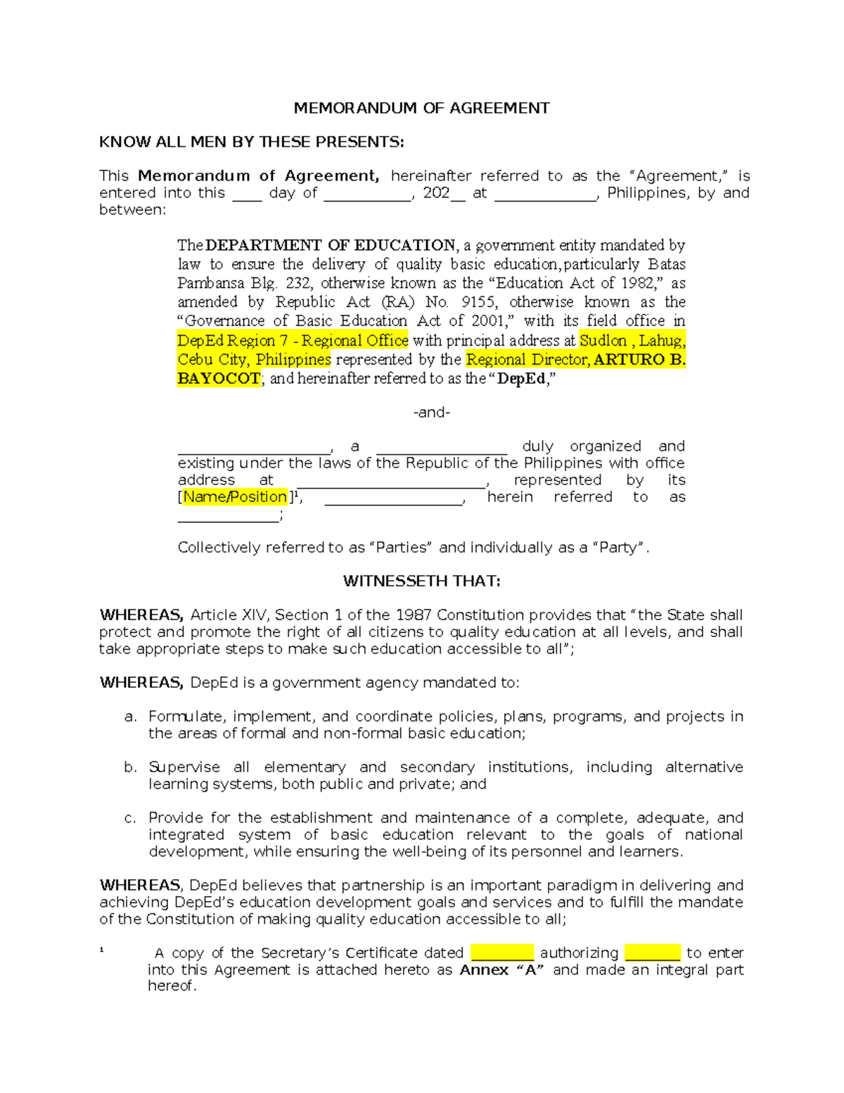 MOA Template for Education Partnership Agreement in the Philippines - Document Preview