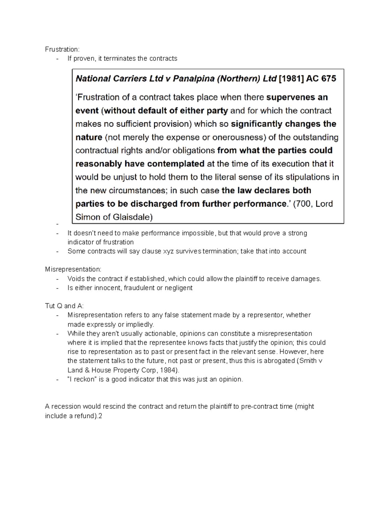 Week 8 Contracts: Frustration & Misrepresentation Notes - Studocu