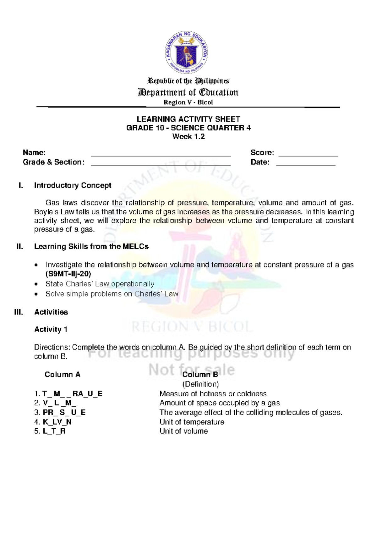 Science 10 Q4 LAS Week 1: Exploring Gas Laws and Charles' Law - Studocu