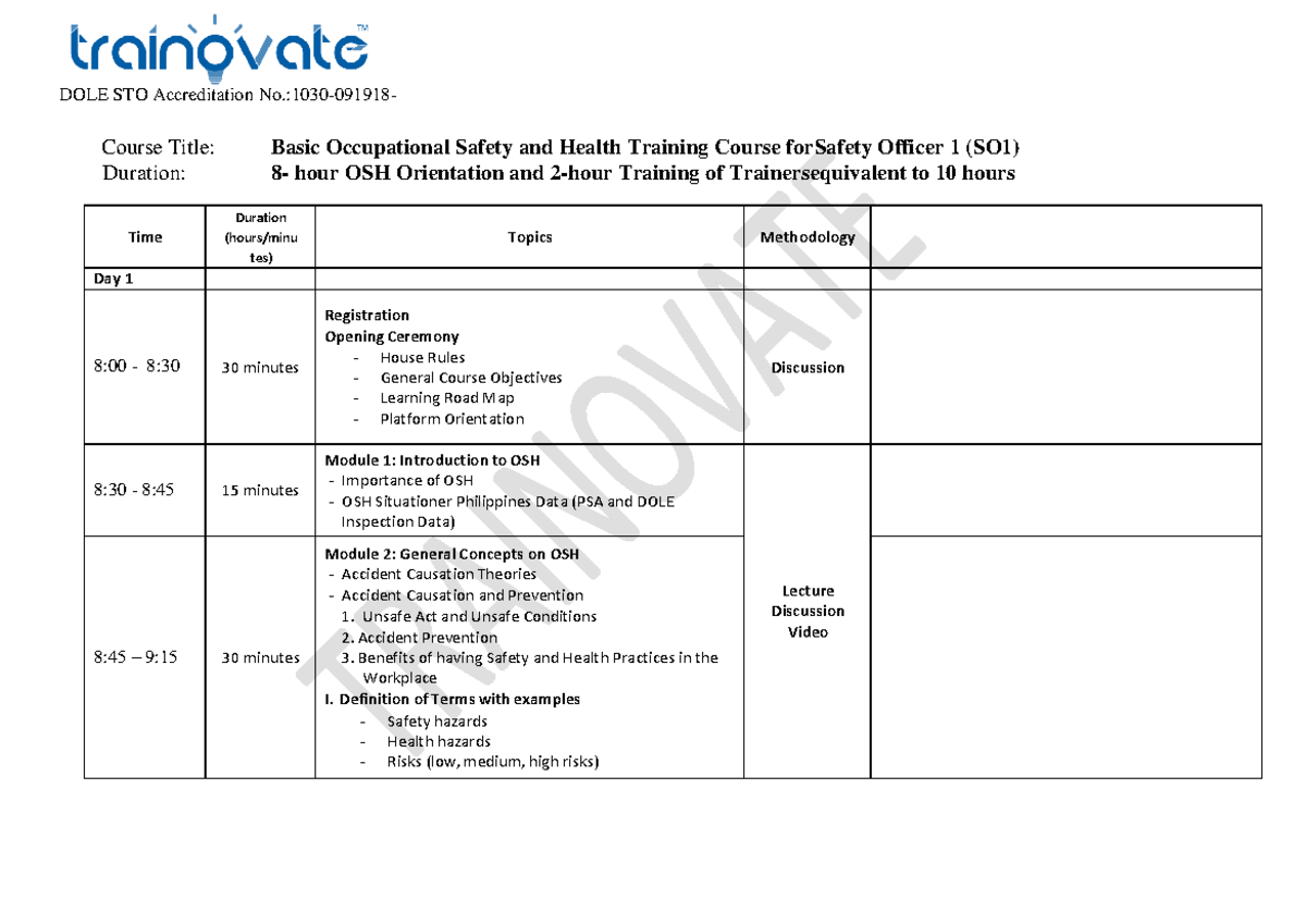 Basic Occupational Safety and Health (BOSH SO1) 1-Day Training Program ...