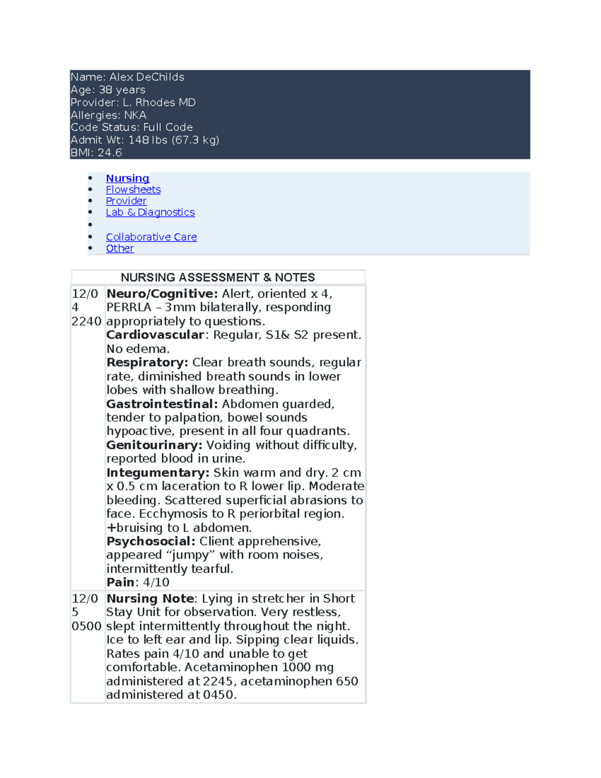Nursing Assessment Notes for Alex DeChilds - Emergency Admission - Studocu