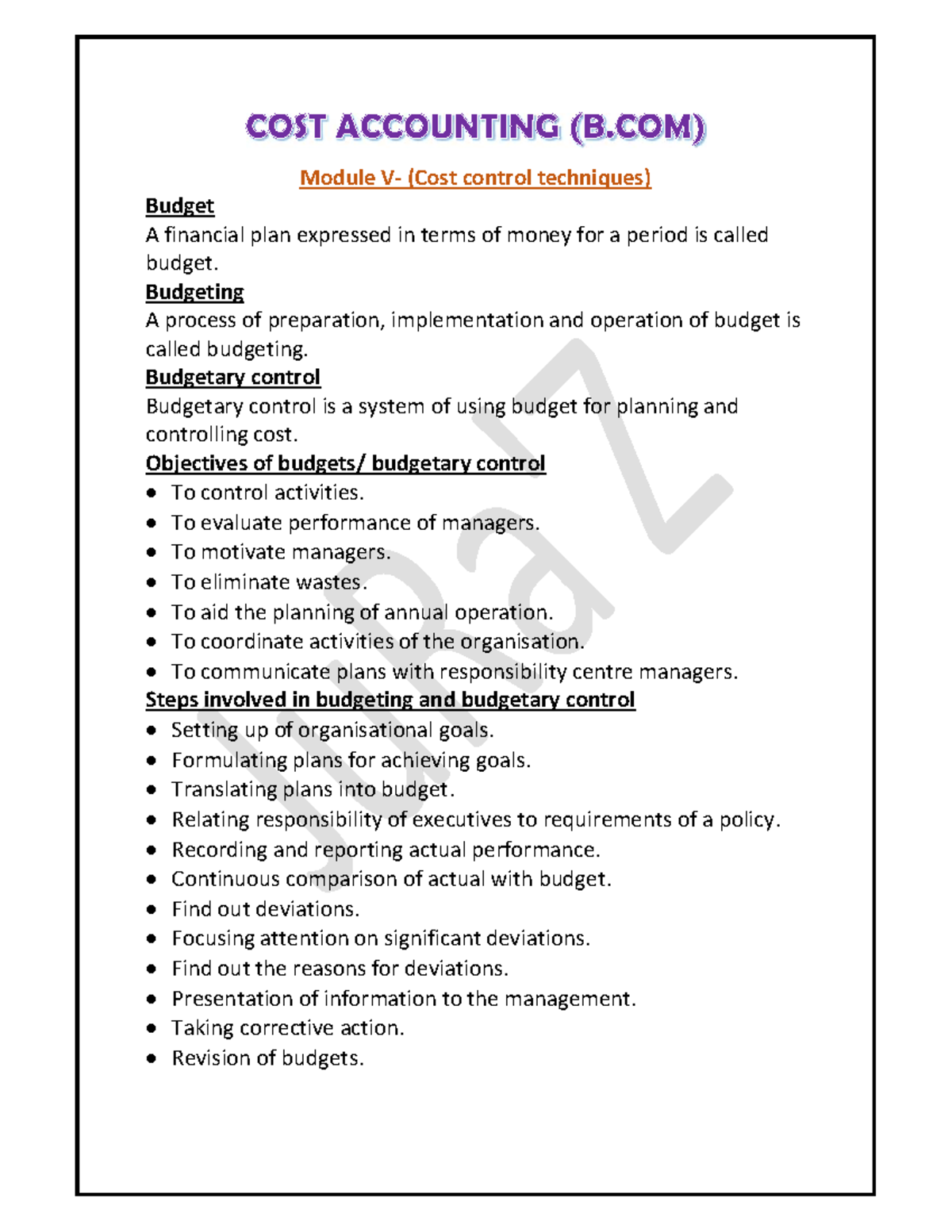 Cost Accounting - BCom - Module 5: Budgeting & Control Techniques - Studocu
