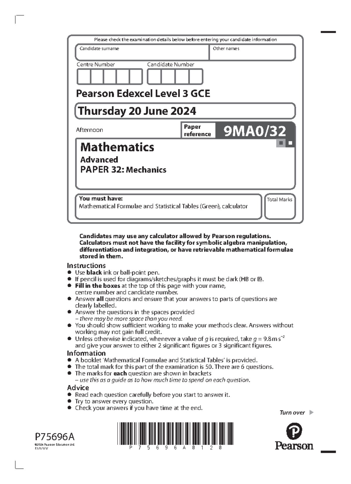 A2 Mech QP June 2024 - Official Paper for Mechanics (9MA0/32) - Studocu