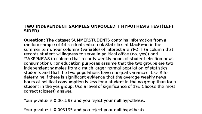 10-2 Practise: Two Independent Samples T Tests & CI in R V3 - Studocu