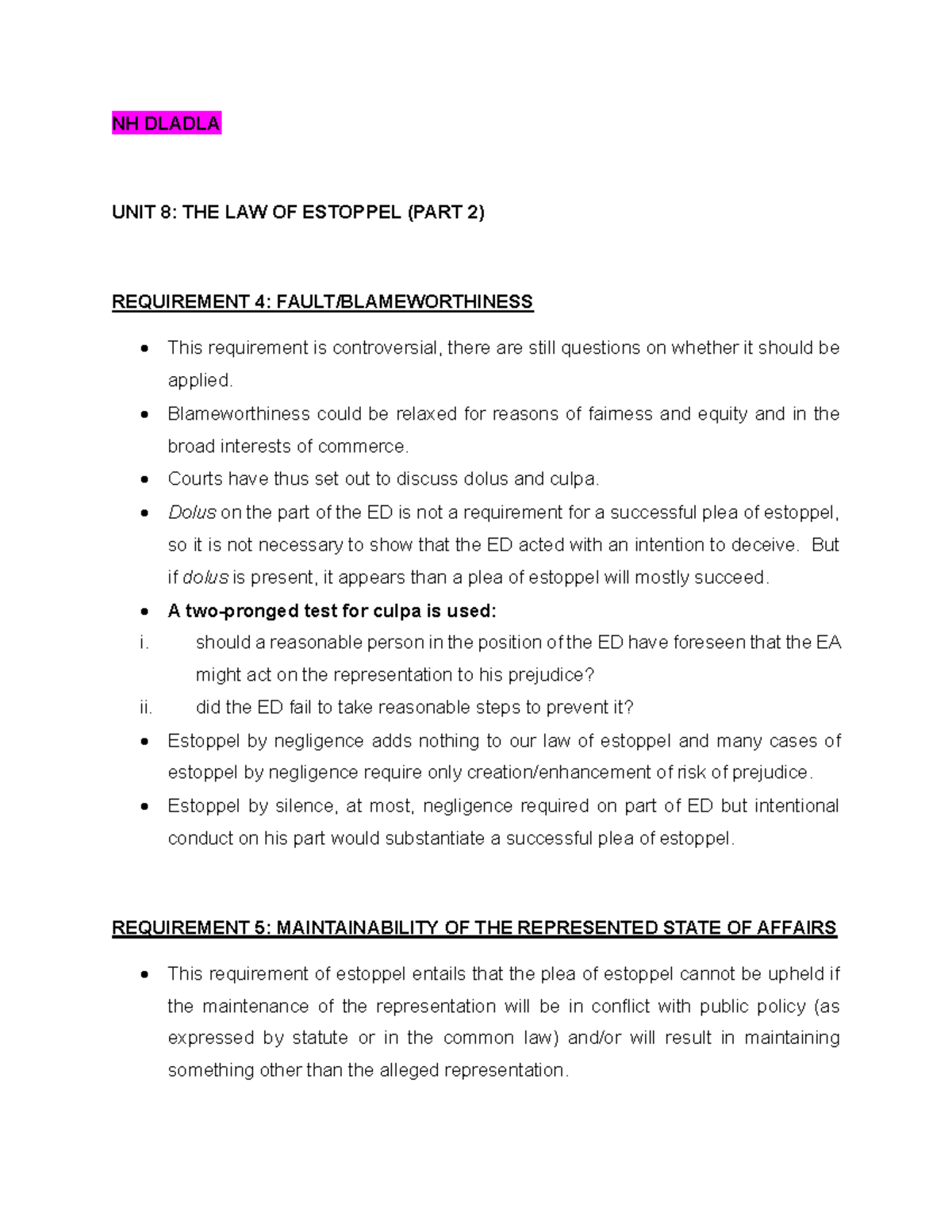NH DLADLA UNIT 8: ESTOPPEL LAW SUMMARY (PART 2) - Studocu
