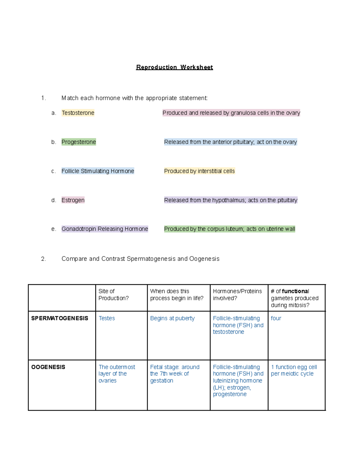 Reproduction Worksheet - Match each hormone with the appropriate ...