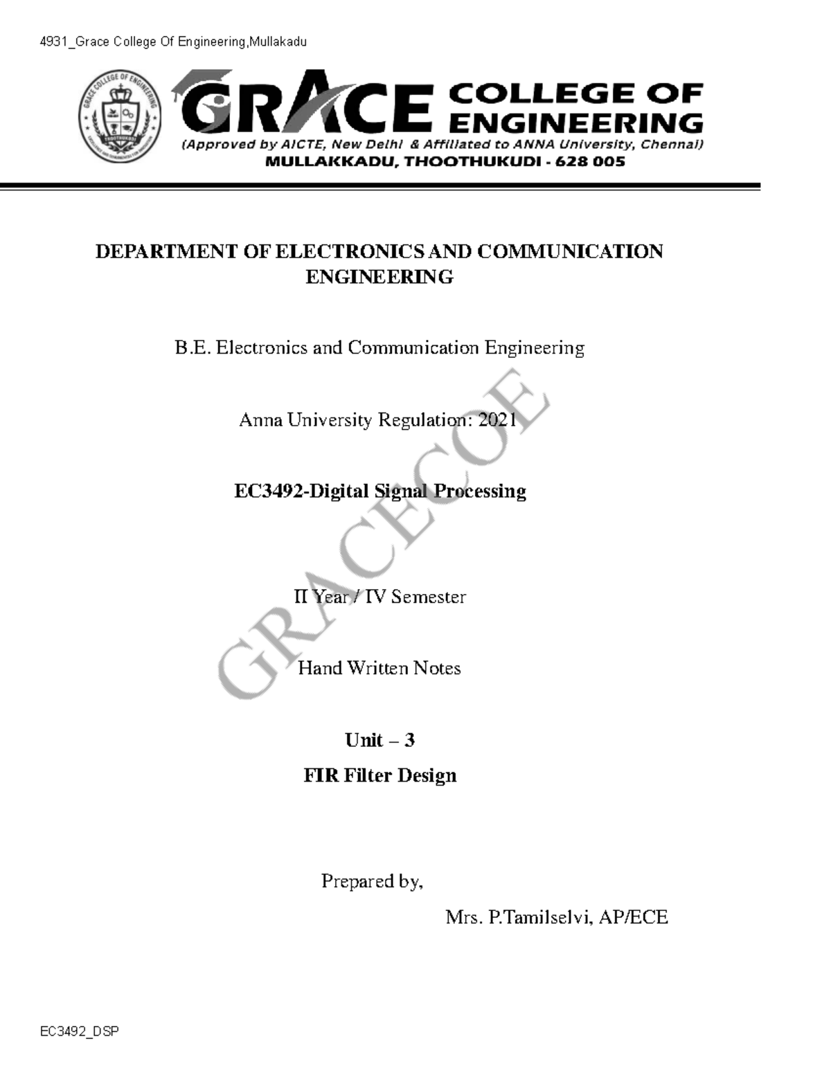 EC3492_DSP Unit 3 Handwritten Notes on FIR Filter Design - Studocu