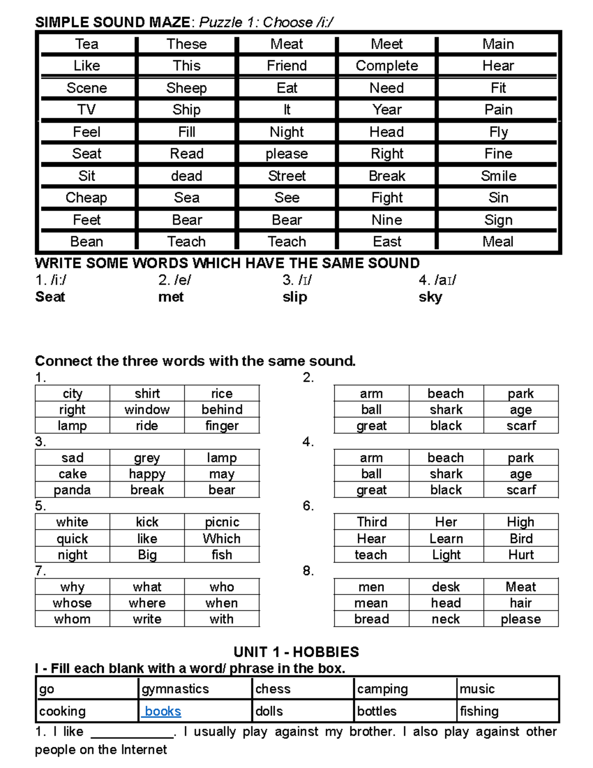 Simple Sound Maze: Puzzle 1 - Phonetic Connections and Hobbies - Studocu