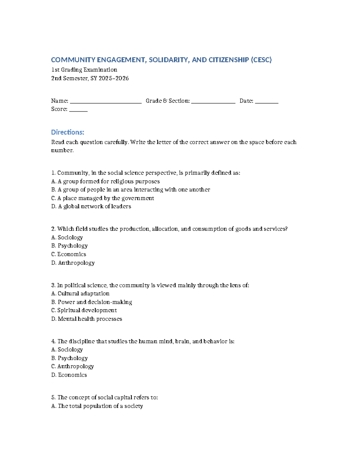 CESC 1st Grading Exam: Community Engagement & Citizenship - Studocu