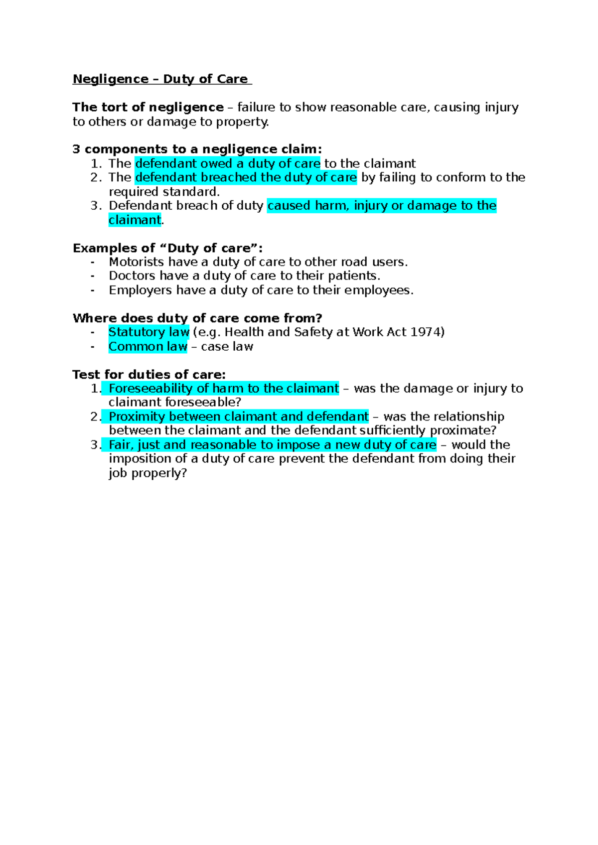 Negligence and Duty of Care: Key Components and Examples - Studocu