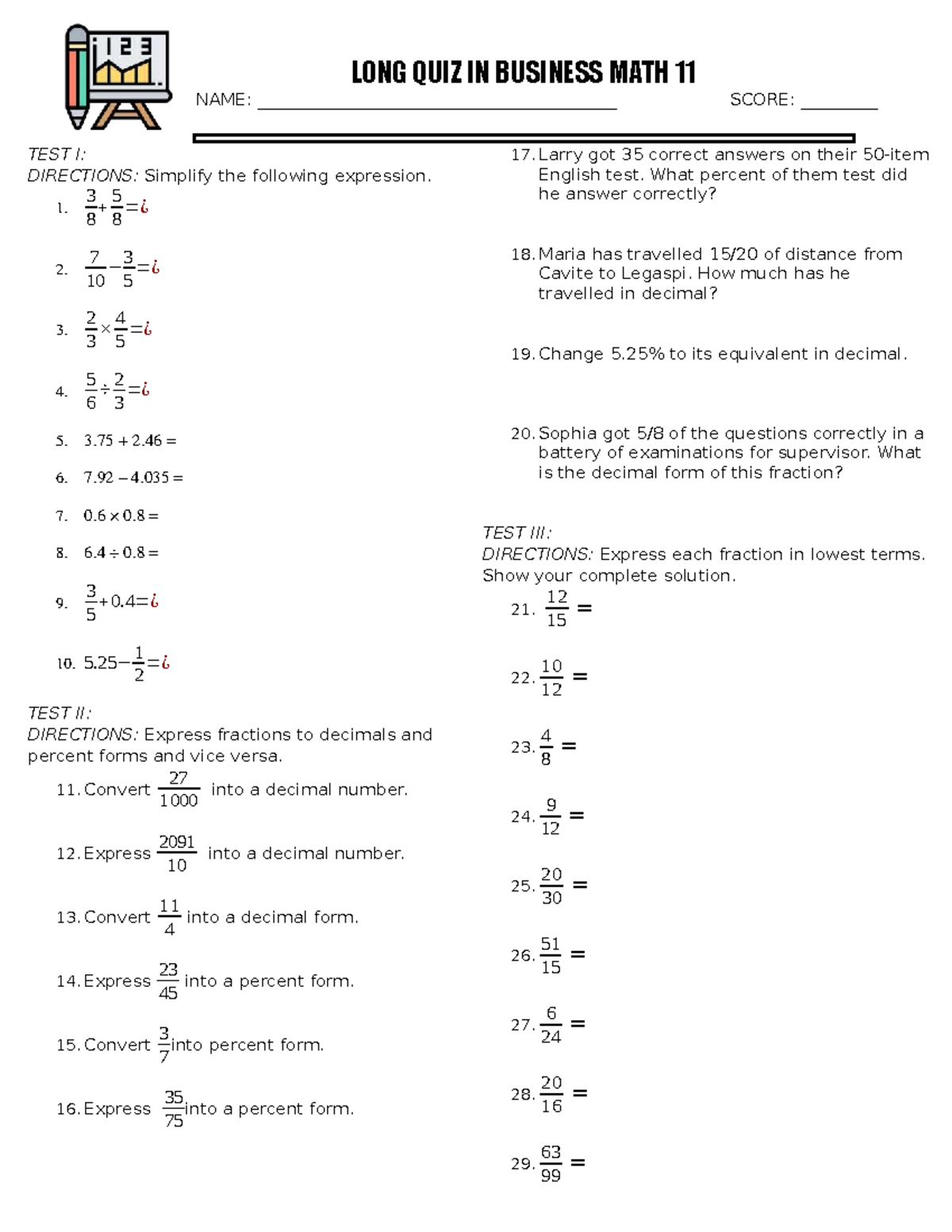 BUS MATH 11: LONG QUIZ I - Simplifying Expressions & Conversions - Studocu