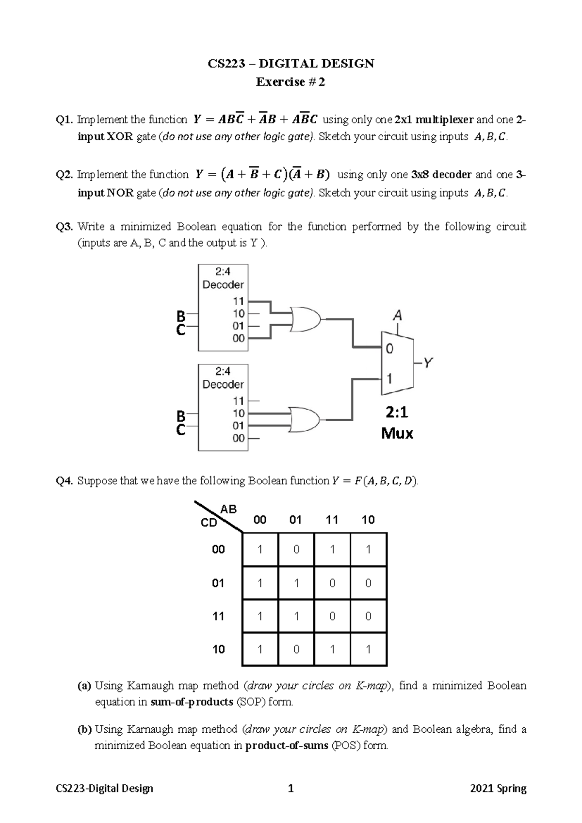 CS223 Digital Design Exercise 2: Circuit Implementations and FSMs - Studocu