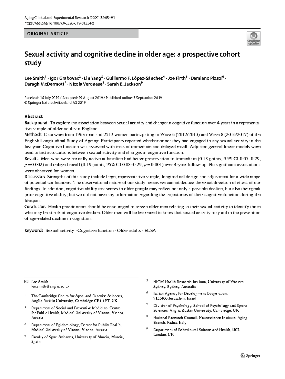 Sexual Activity and Cognitive Decline in Older Adults: ELSA Study ...