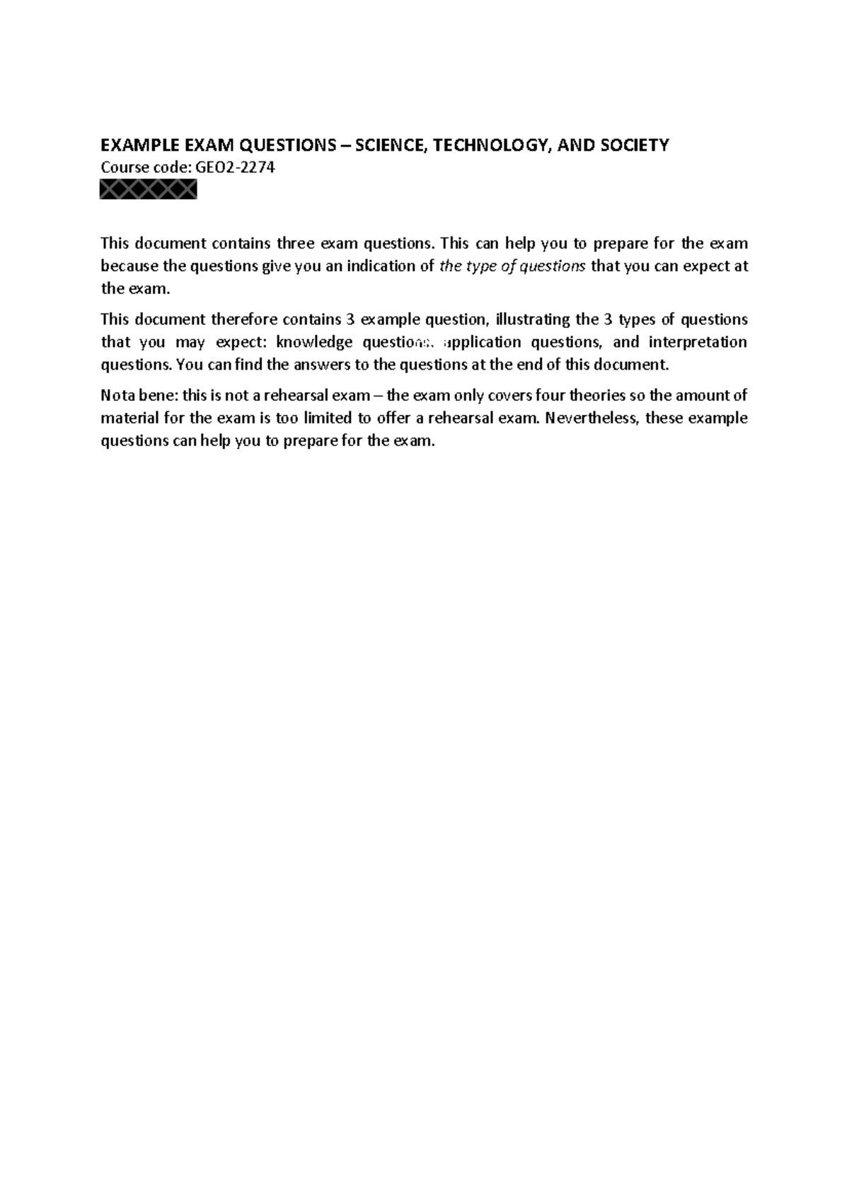 GEO2-2274 - Example Exam Questions for Science, Technology, and Society ...