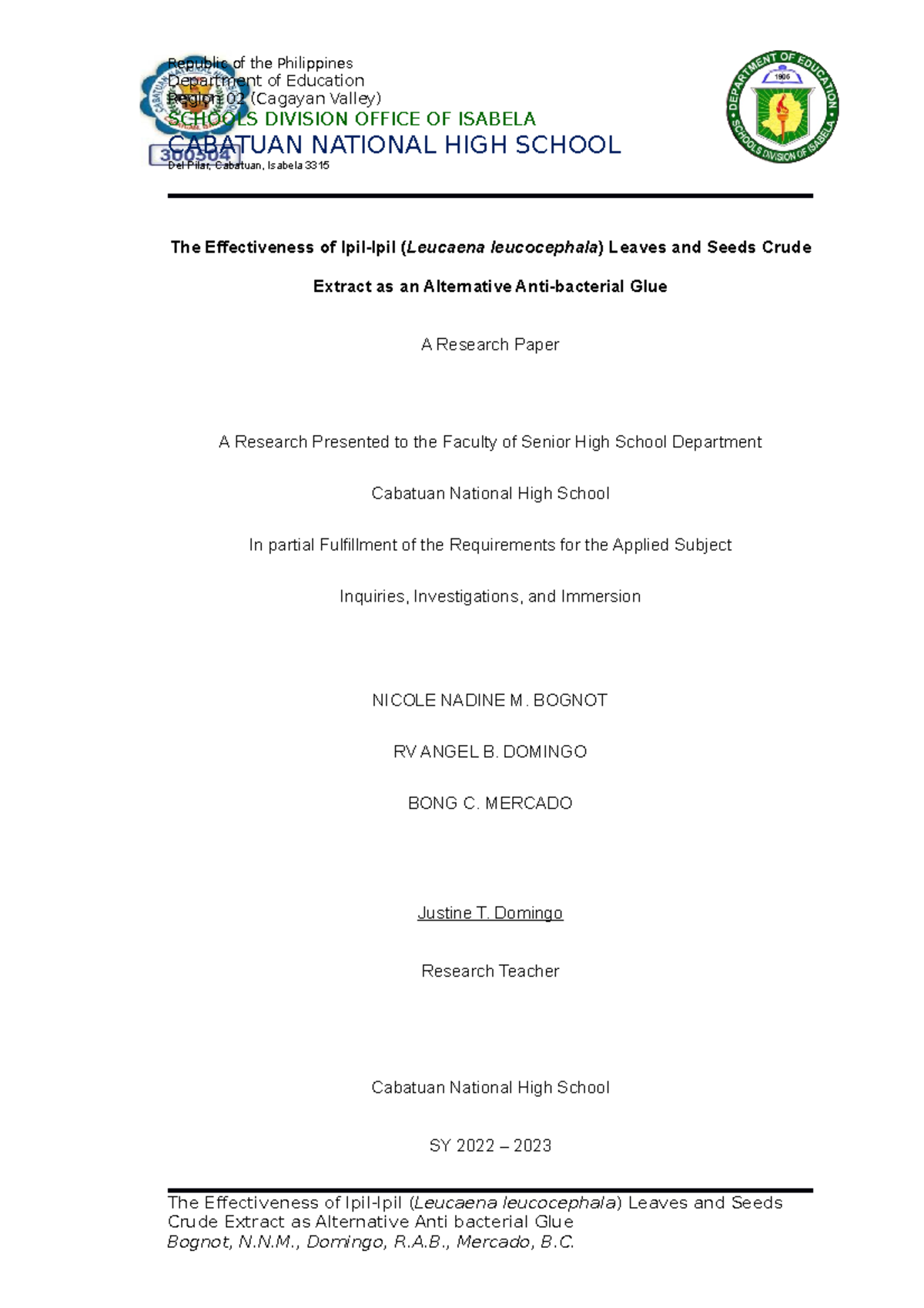 example of research title - Republic of the Philippines Department of ...