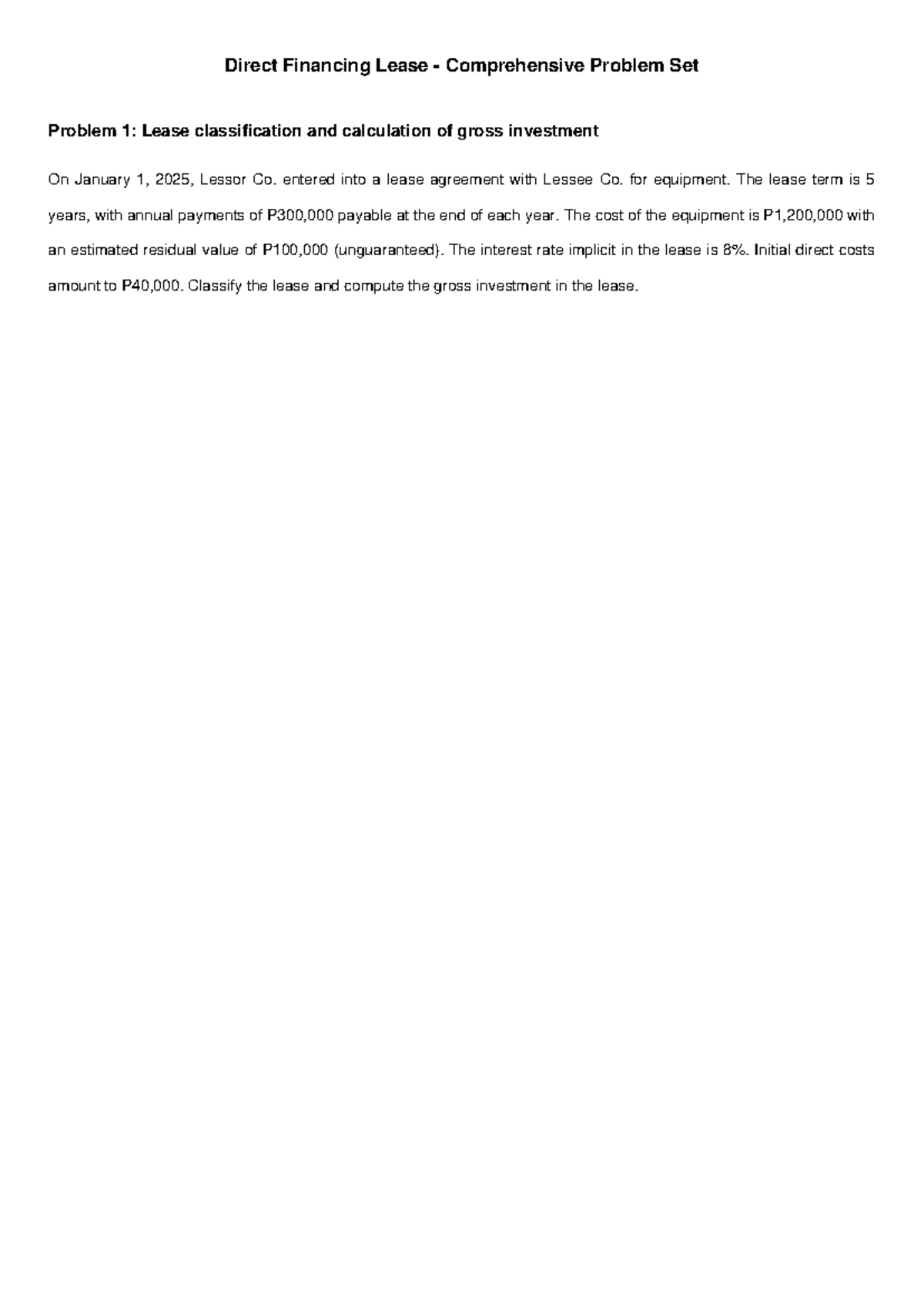 Direct Financing Lease Problems Set: Classification & Gross Investment ...