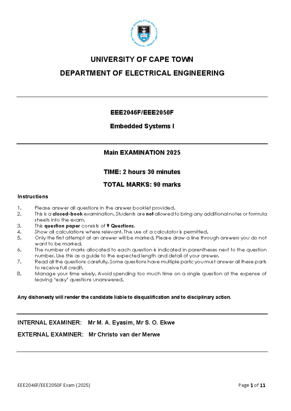 Embedded Systems I Final Exam (2025) - UCT Electrical Engineering - Studocu
