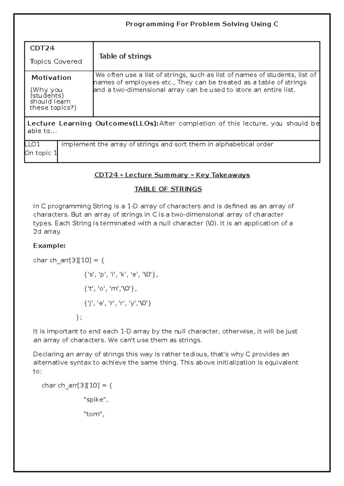 Table of strings - CDT Topics Covered Table of strings Motivation (Why ...