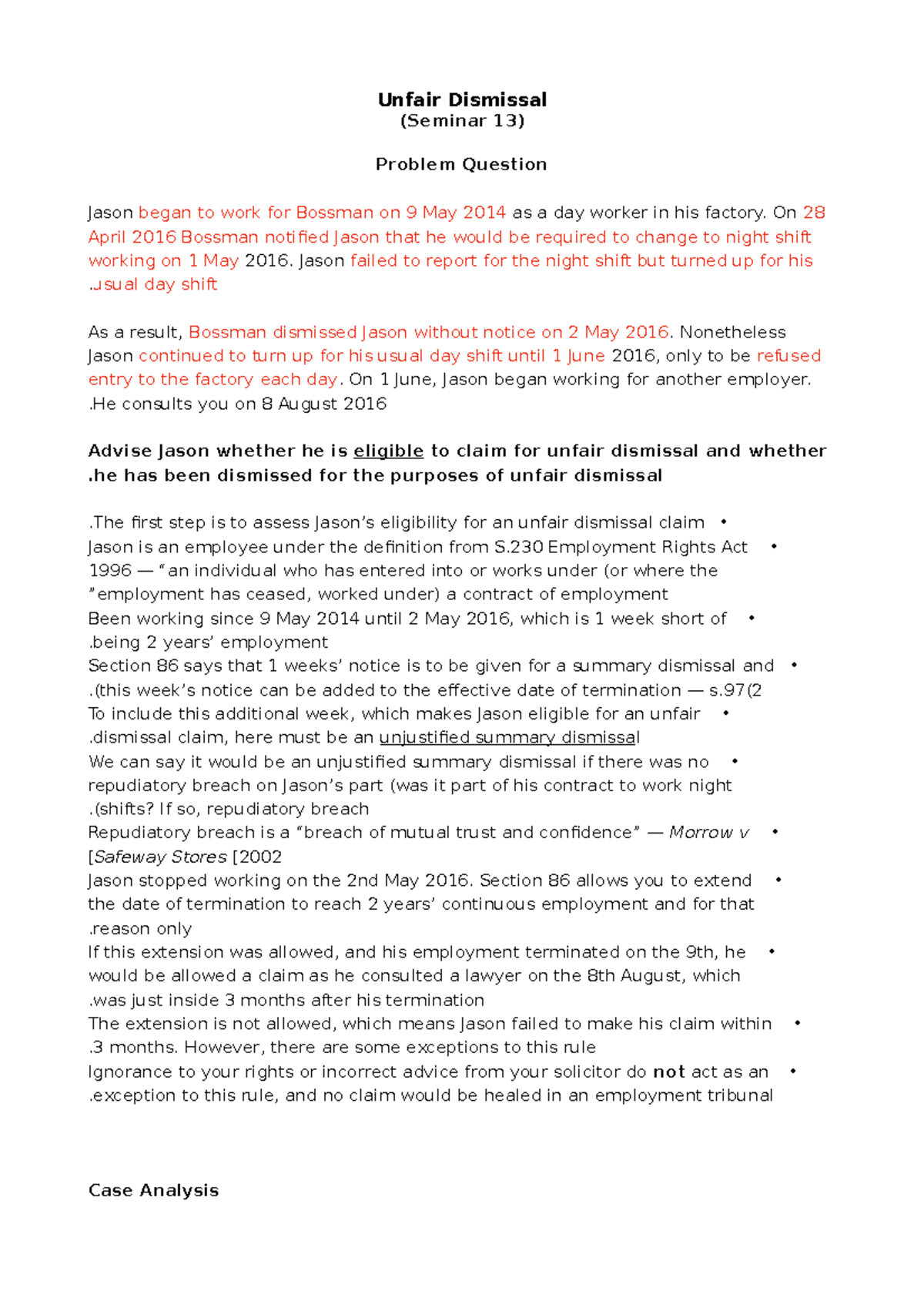 (S13) Unfair Dismissal Case Analysis and Eligibility Assessment - Studocu
