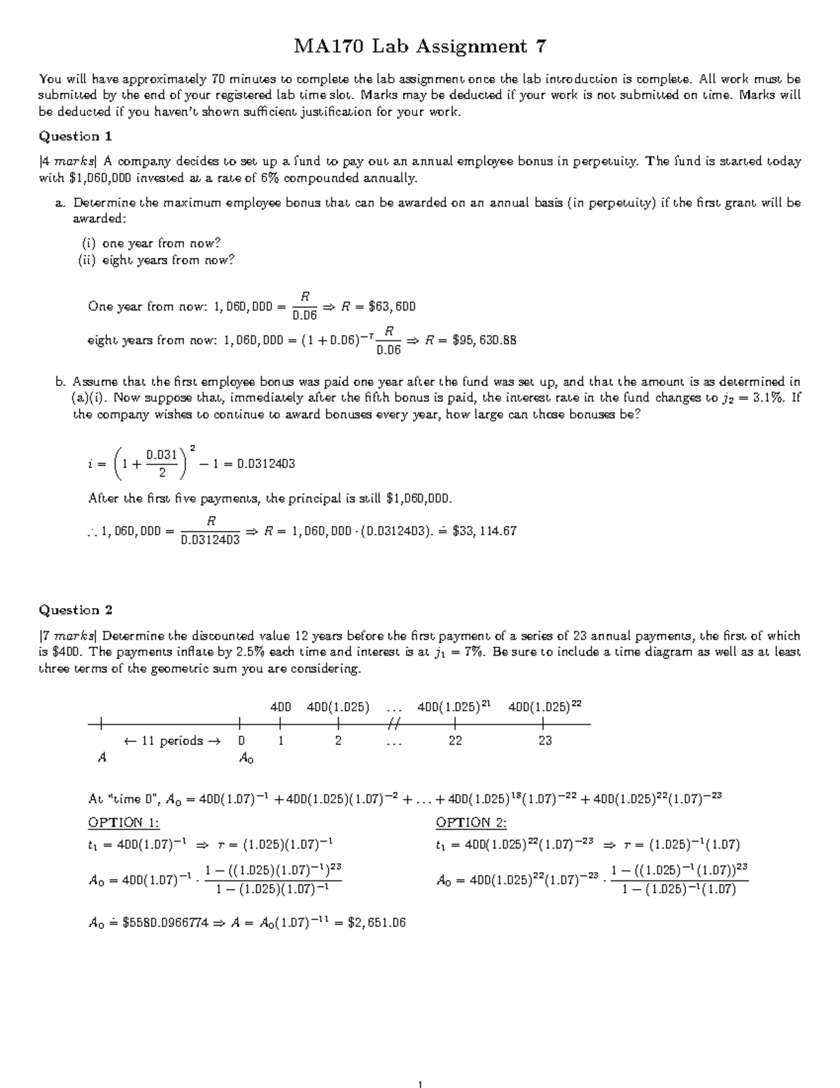 170 Lab 7 Answers - MA170 Lab Assignment 7 You will have approximately ...