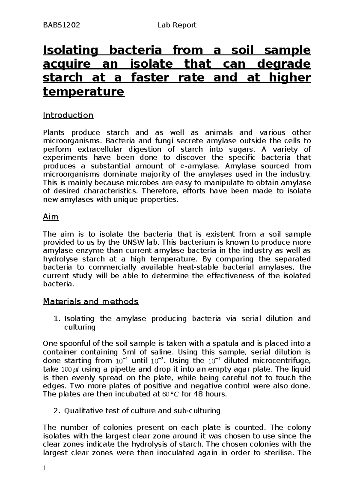 BABS1202 Lab Report: Isolation of Starch-Degrading Bacteria from Soil ...