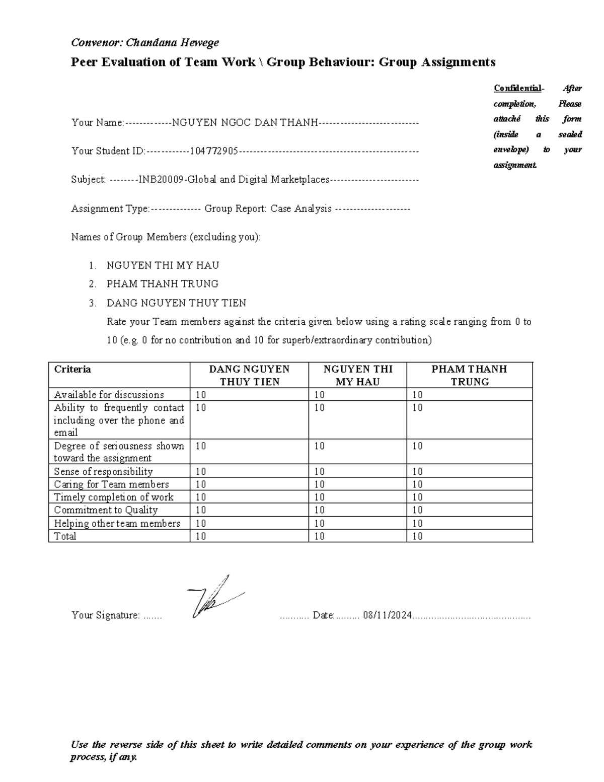 Peer Evaluation Form for Group Report: INB20009 Case Analysis - Studocu