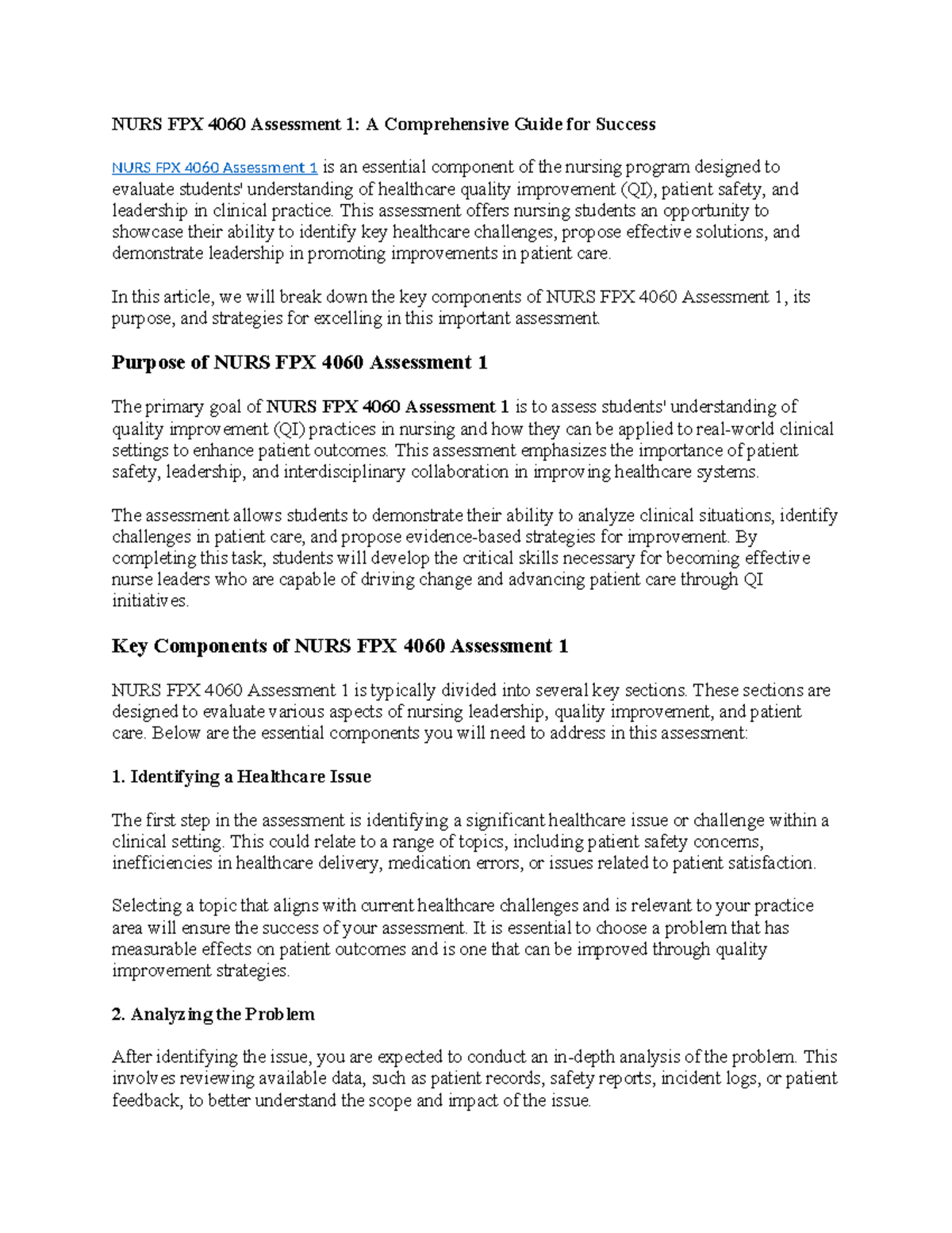 NURS FPX 4060 Assessment 1: Strategies for Quality Improvement Success ...
