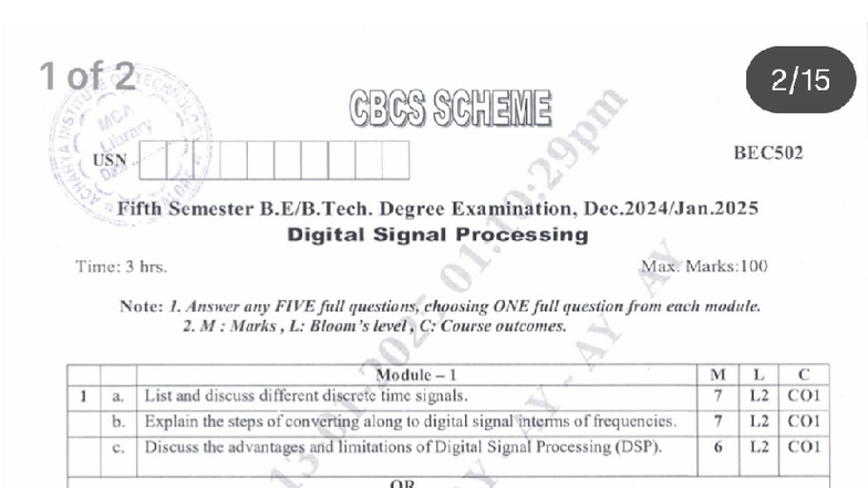 BEC502 Fifth Semester Exam Question Paper: Digital Signal Processing ...