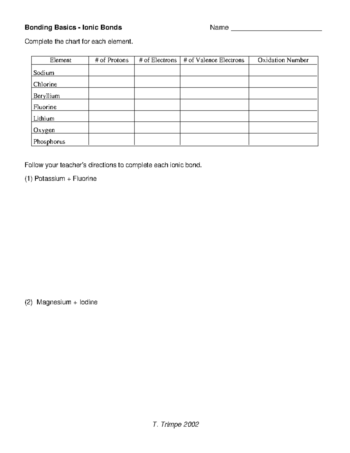 Chbondionic - ionic bond - Bonding Basics - Ionic Bonds Name ...
