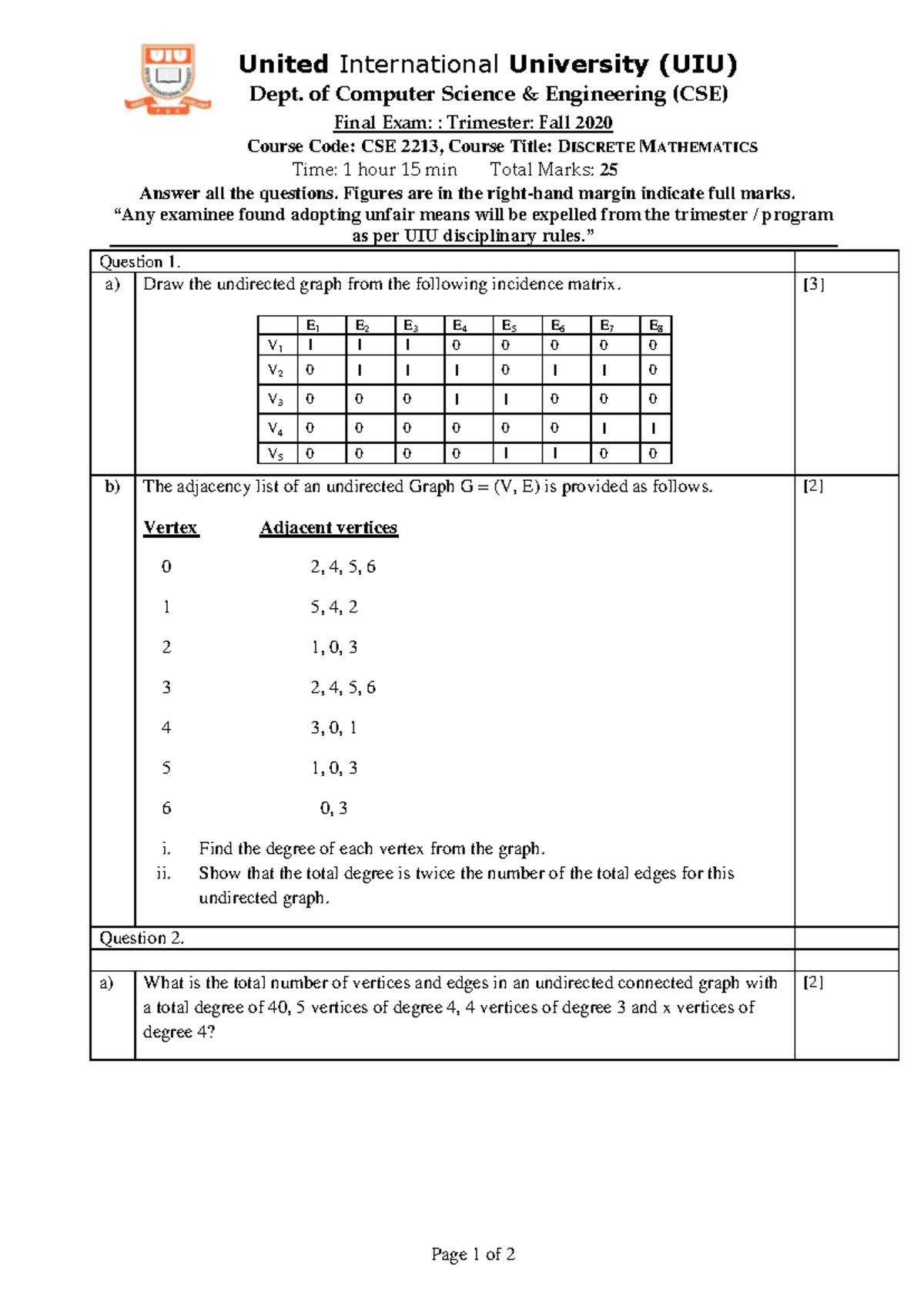 CSE 2213 Discrete Mathematics Final Exam Questions - Fall 2020 - Studocu