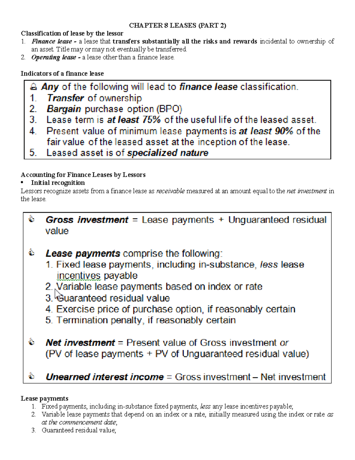 Chapter 8 Leases (Part 2) - Finance Lease Classification Notes - Studocu