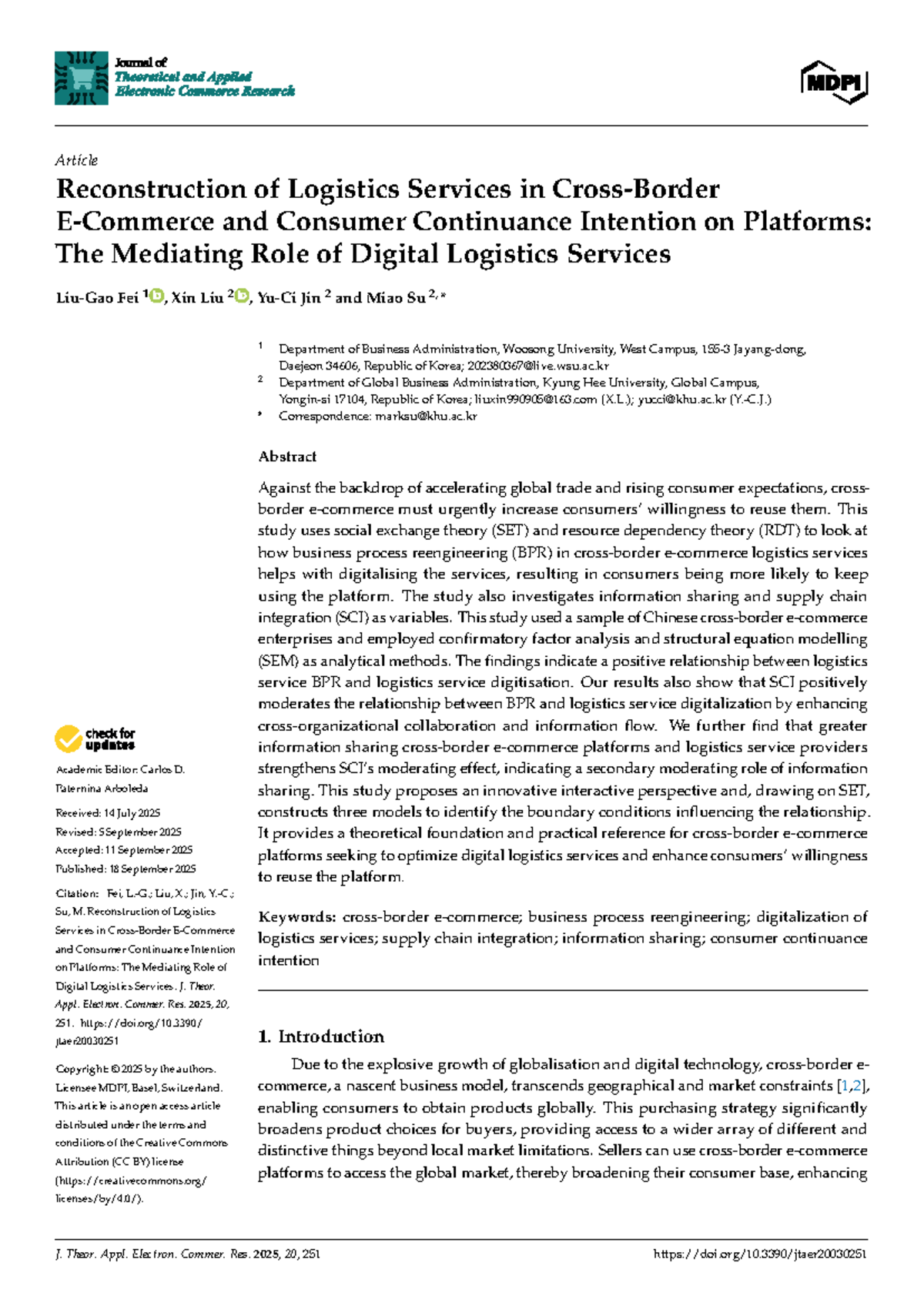 Reconstruction of Logistics Services and Consumer Continuance Intention ...