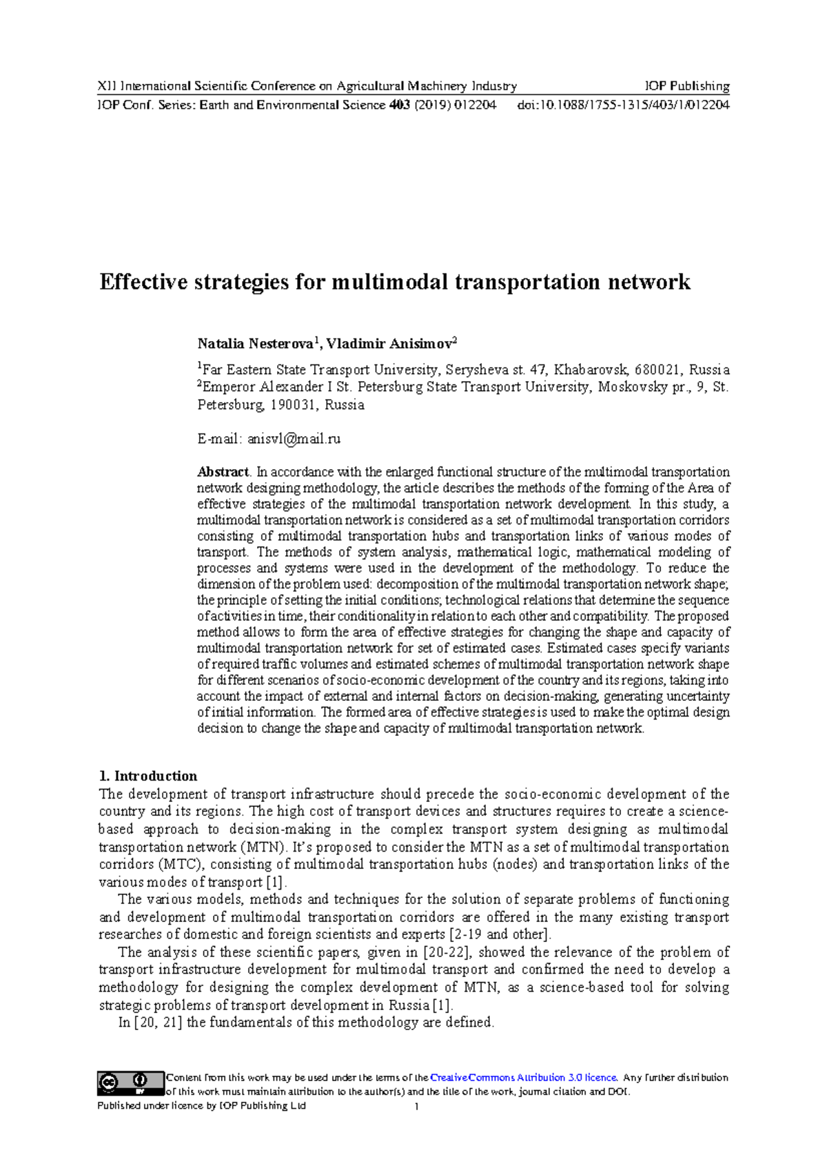 Strategies for Multimodal Transportation Network Development (EE403 ...
