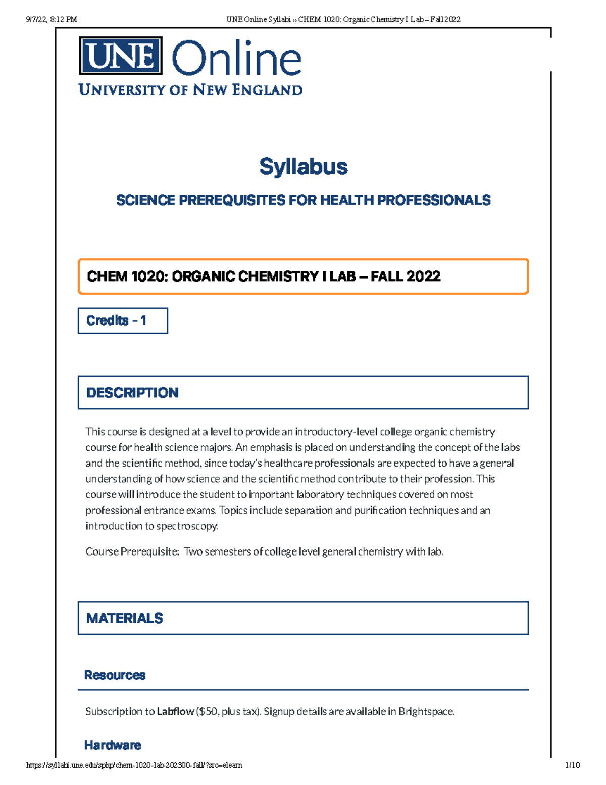 CHEM 1020 Organic Chemistry I Lab Syllabus – Fall 2022 - Studocu