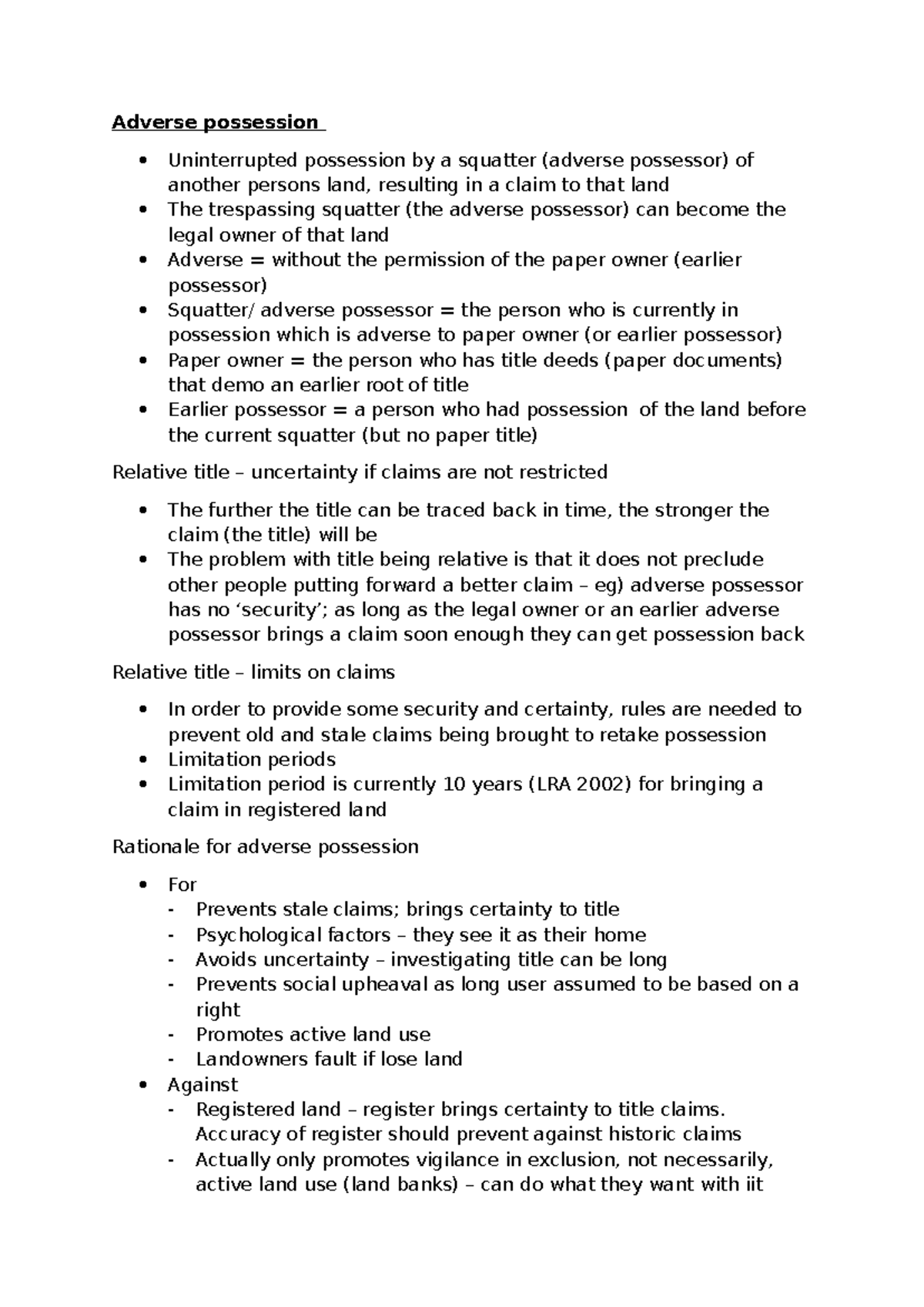 Adverse Possession: Key Concepts and Legal Principles for Revision ...