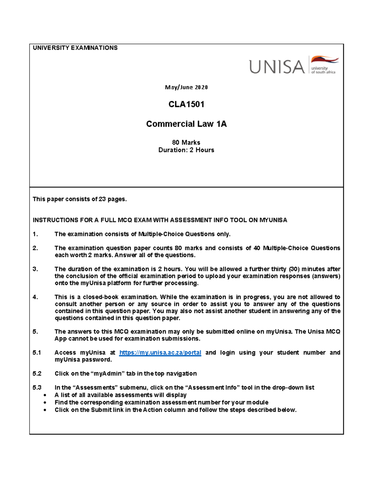 COM LAW 1A EXAM - MCQ Paper for Commercial Law May/June 2020 - Studocu