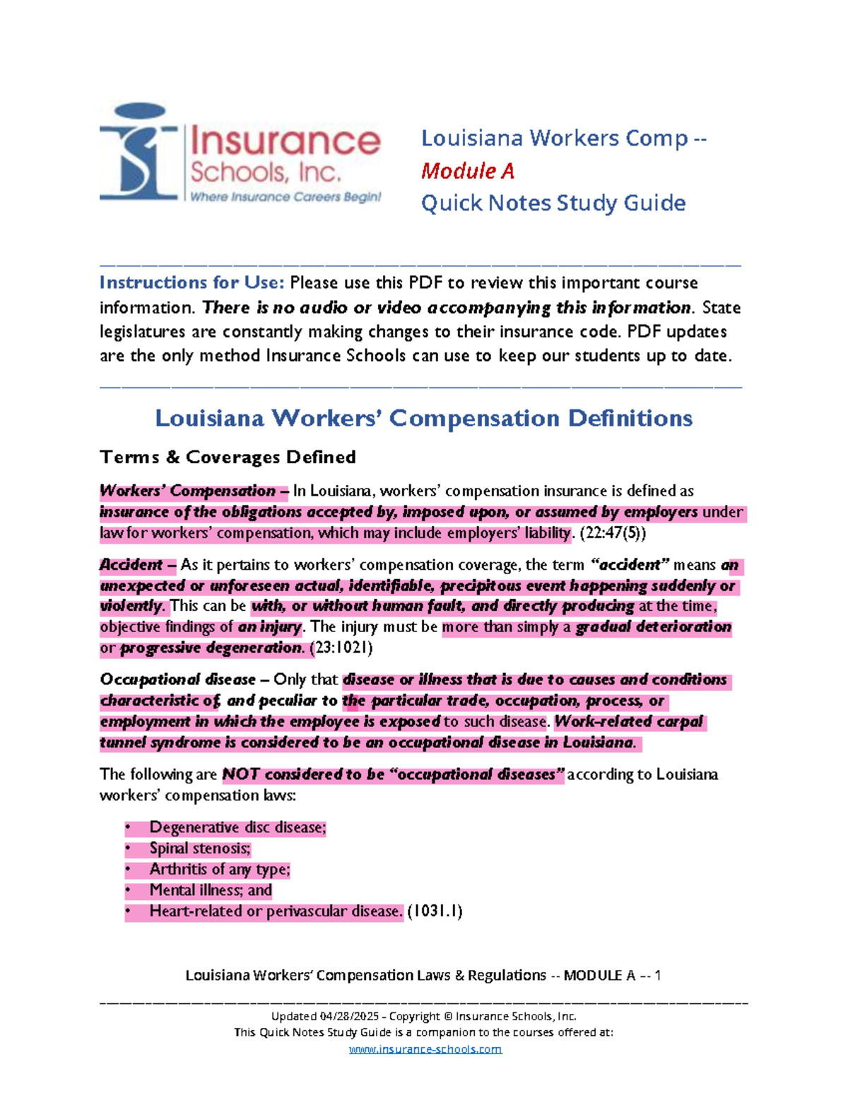 Louisiana Workers' Compensation Laws: Module A Quick Notes Study Guide ...