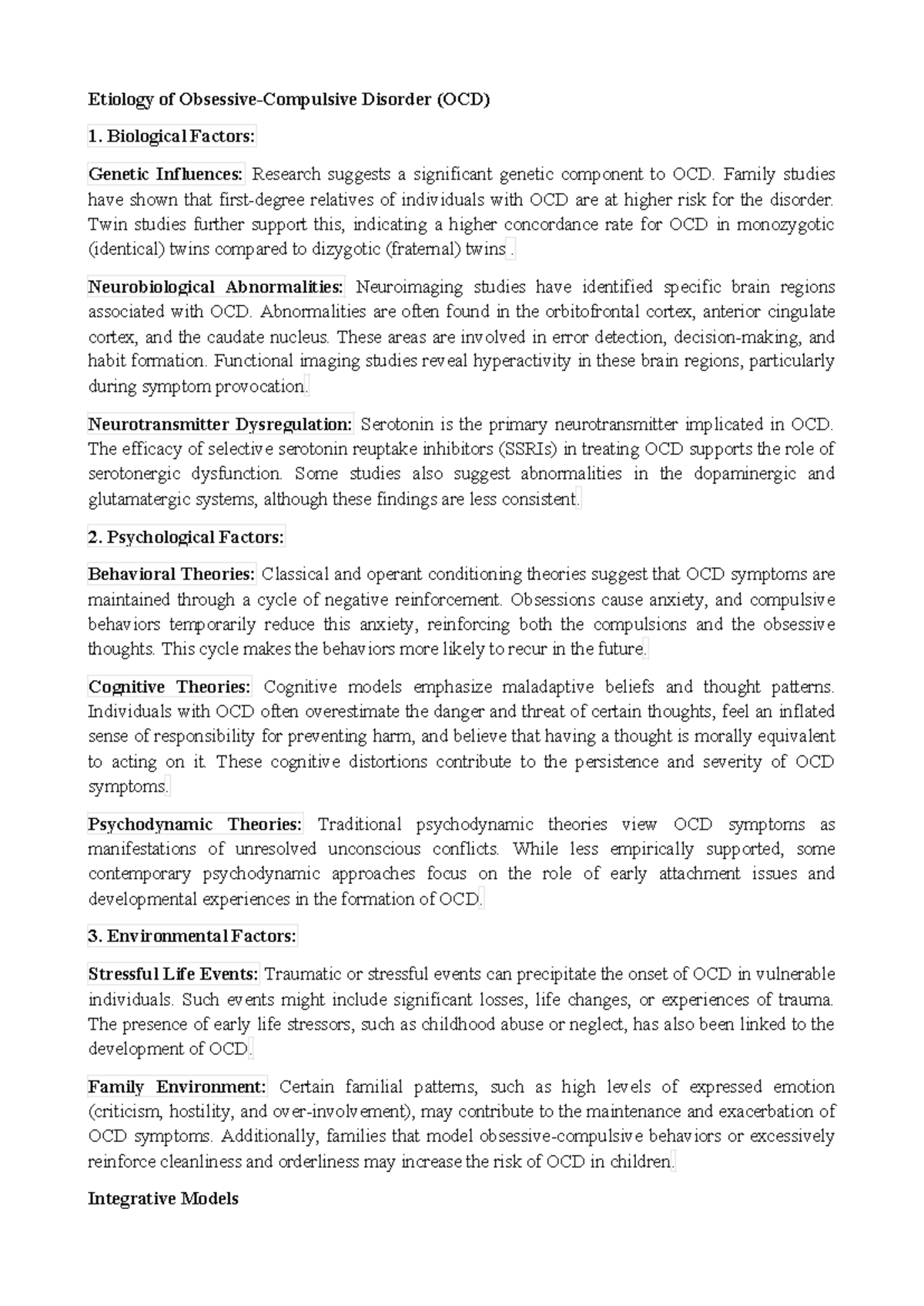 Final Exam Notes: Understanding Psychological Disorders (OCD) - Studocu