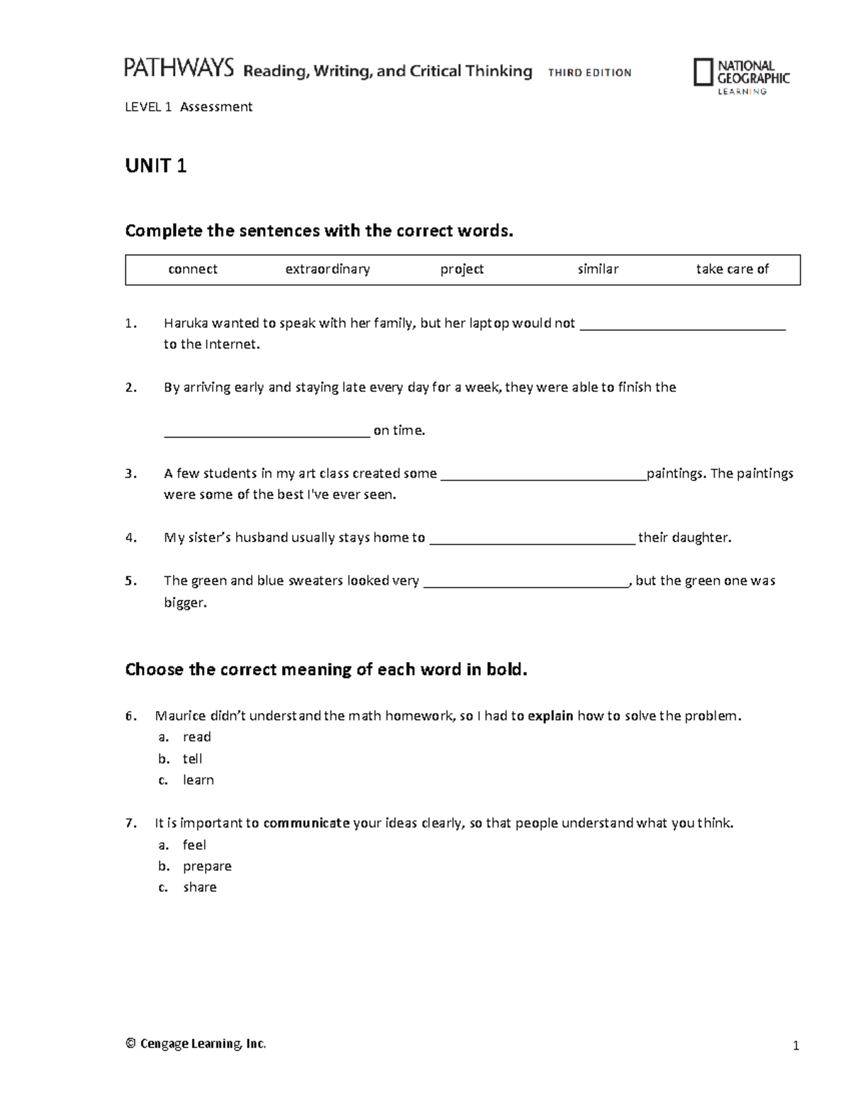 Pathways RW 3e L1 Assessment Unit 01: Complete the Sentences Exercise ...
