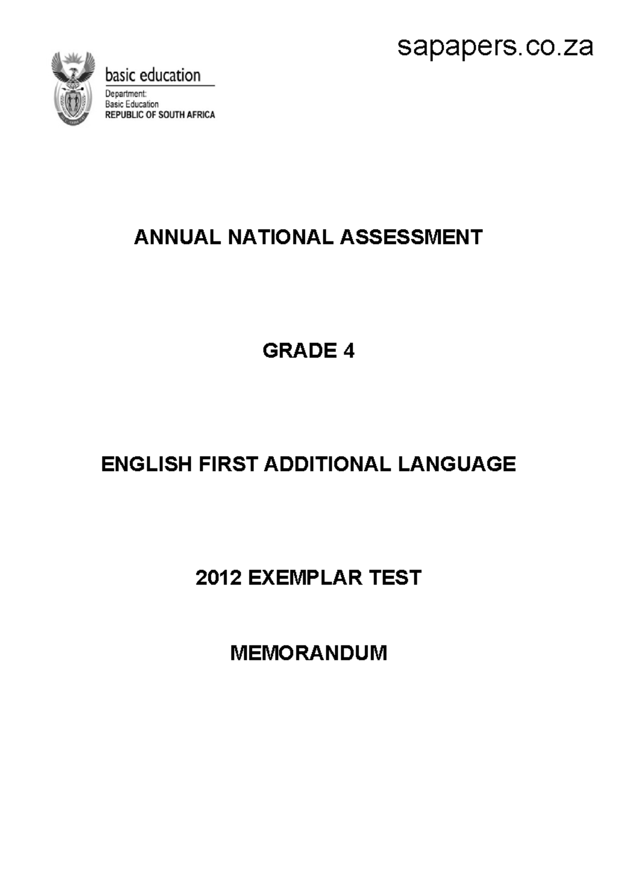 Grade 4 English First Additional Language 2012 Assessment Answers - Studocu