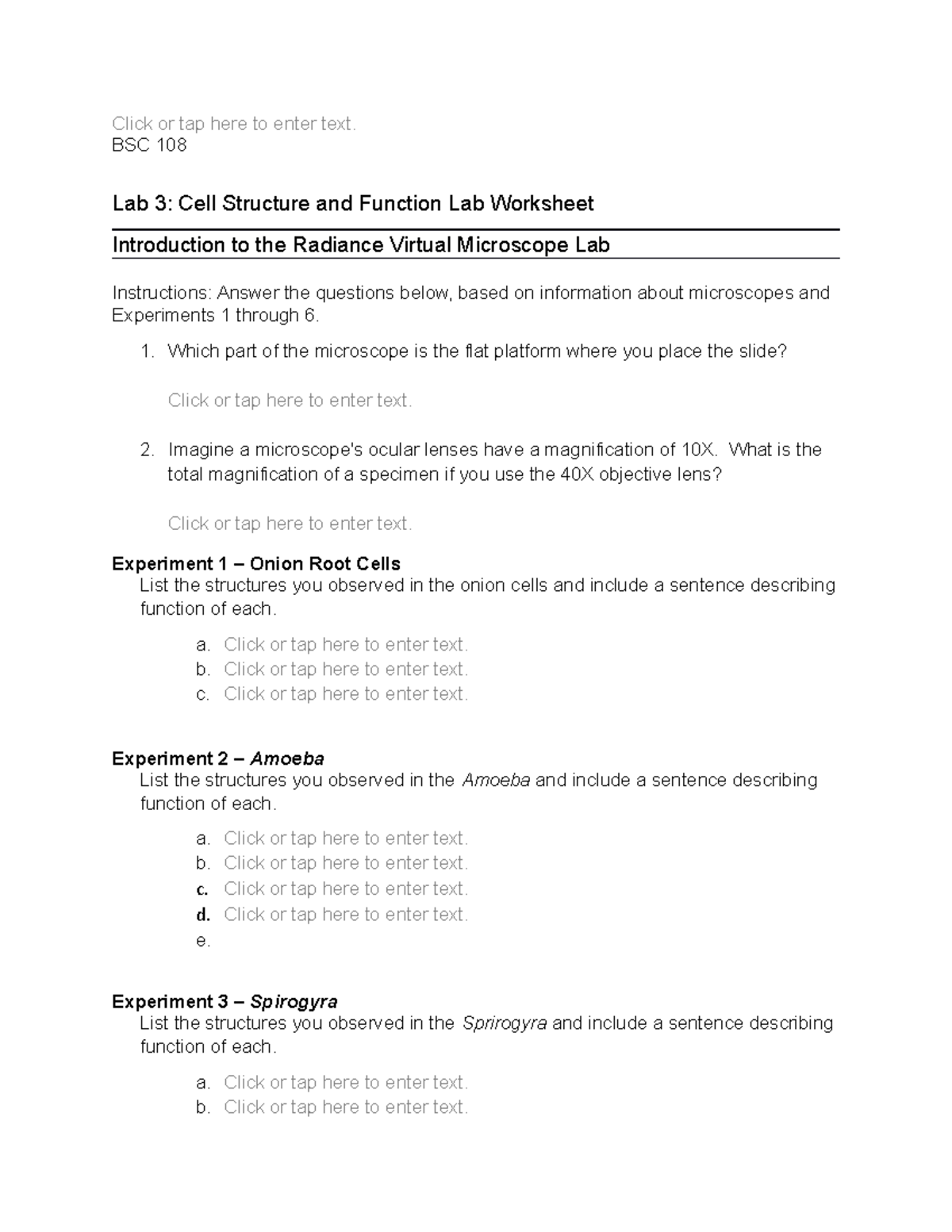 BSC 108 Lab 3: Cell Structure & Function Worksheet Analysis - Studocu