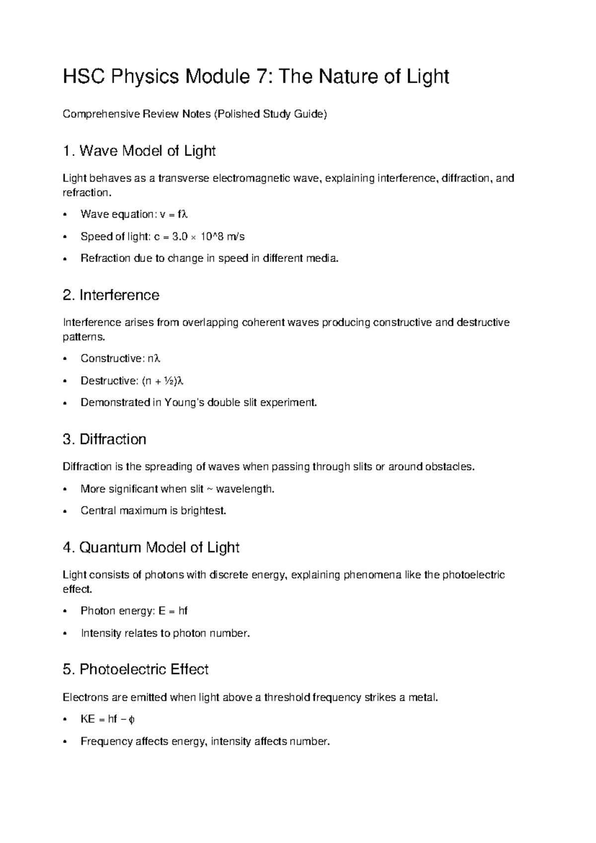 HSC Physics Module 7: Nature of Light Comprehensive Review Notes - Studocu
