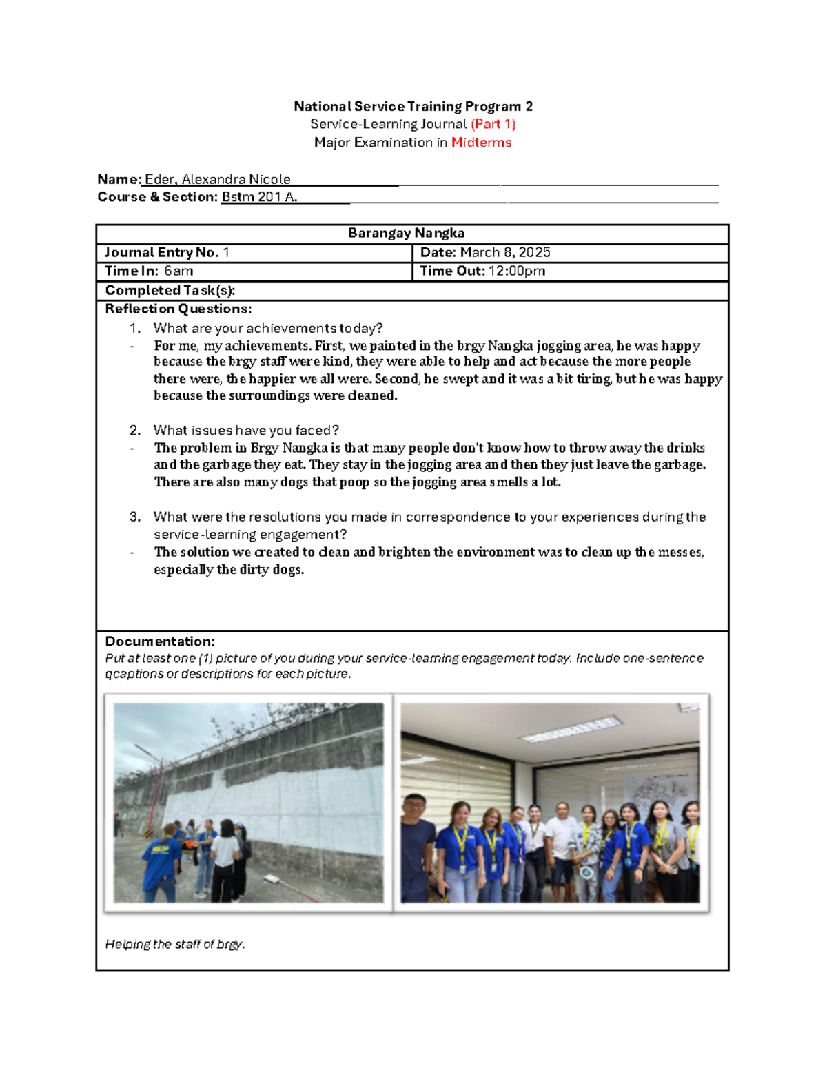 Service Learning Journal Template - National Service Training Program 2 ...