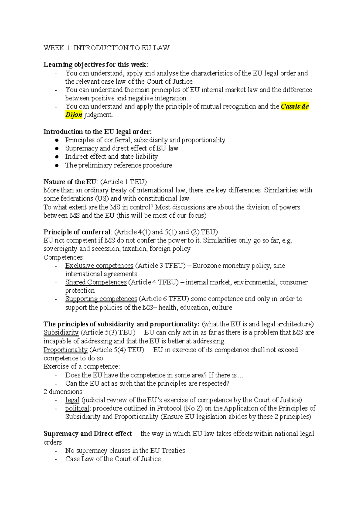 EU Law Week 1 Lecture Notes: Intro to Legal Principles & Cases ...