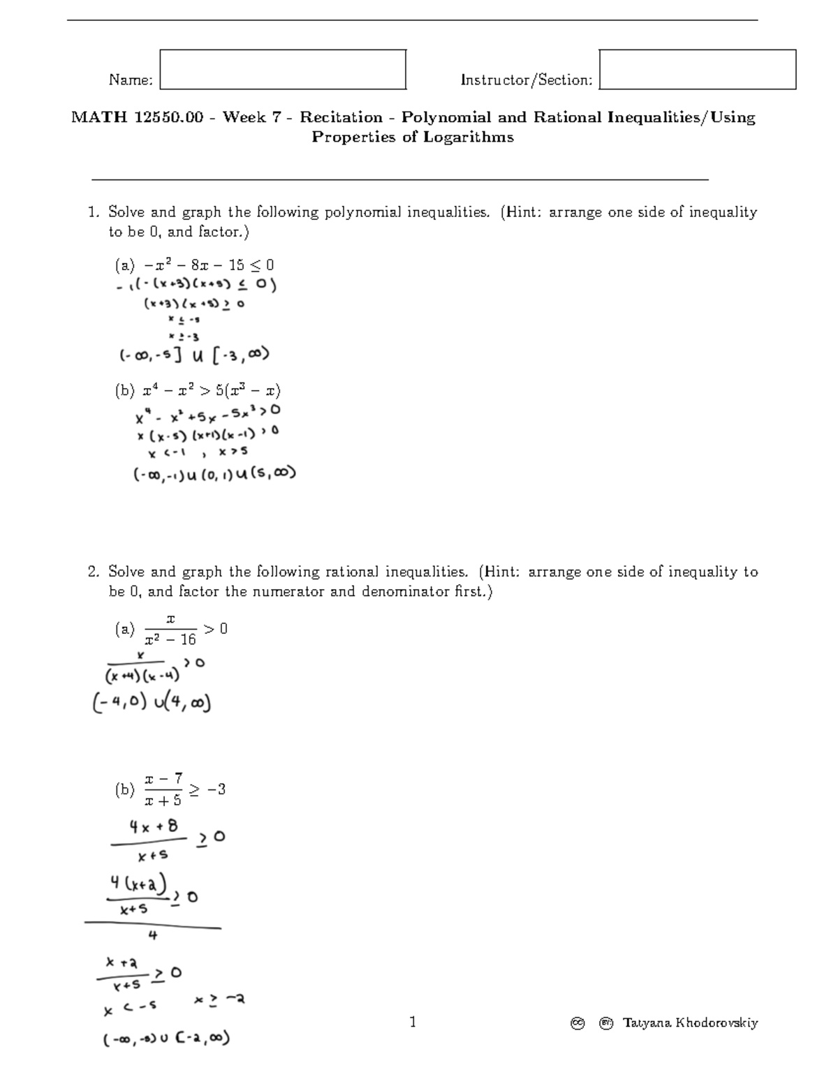 MATH 12550.00 Week 7 Recitation: Polynomial & Rational Inequalities ...